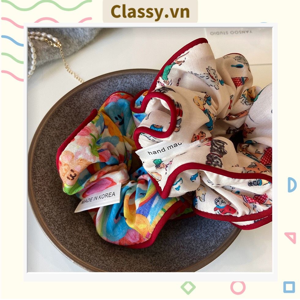  [GIAO HÀNG 7-25 NGÀY] Dây cột tóc Classy scrunchies to bản xếp li hoa viền trắng nữ tính, thanh lịch dành cho nữ PK1869 