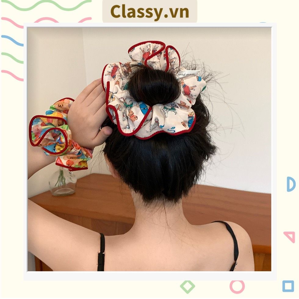  [GIAO HÀNG 7-25 NGÀY] Dây cột tóc Classy scrunchies to bản xếp li hoa viền trắng nữ tính, thanh lịch dành cho nữ PK1869 