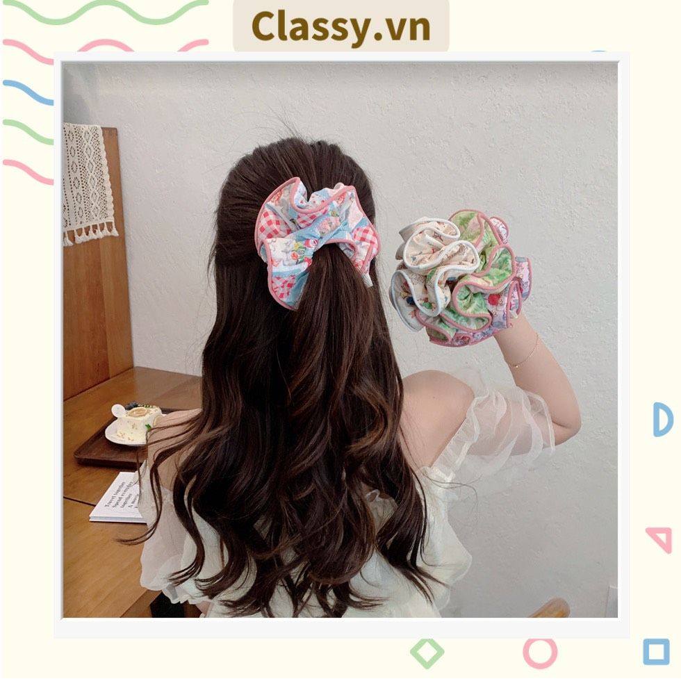  [GIAO HÀNG 7-25 NGÀY] Dây cột tóc Classy scrunchies to bản xếp li hoa viền trắng nữ tính, thanh lịch dành cho nữ PK1869 