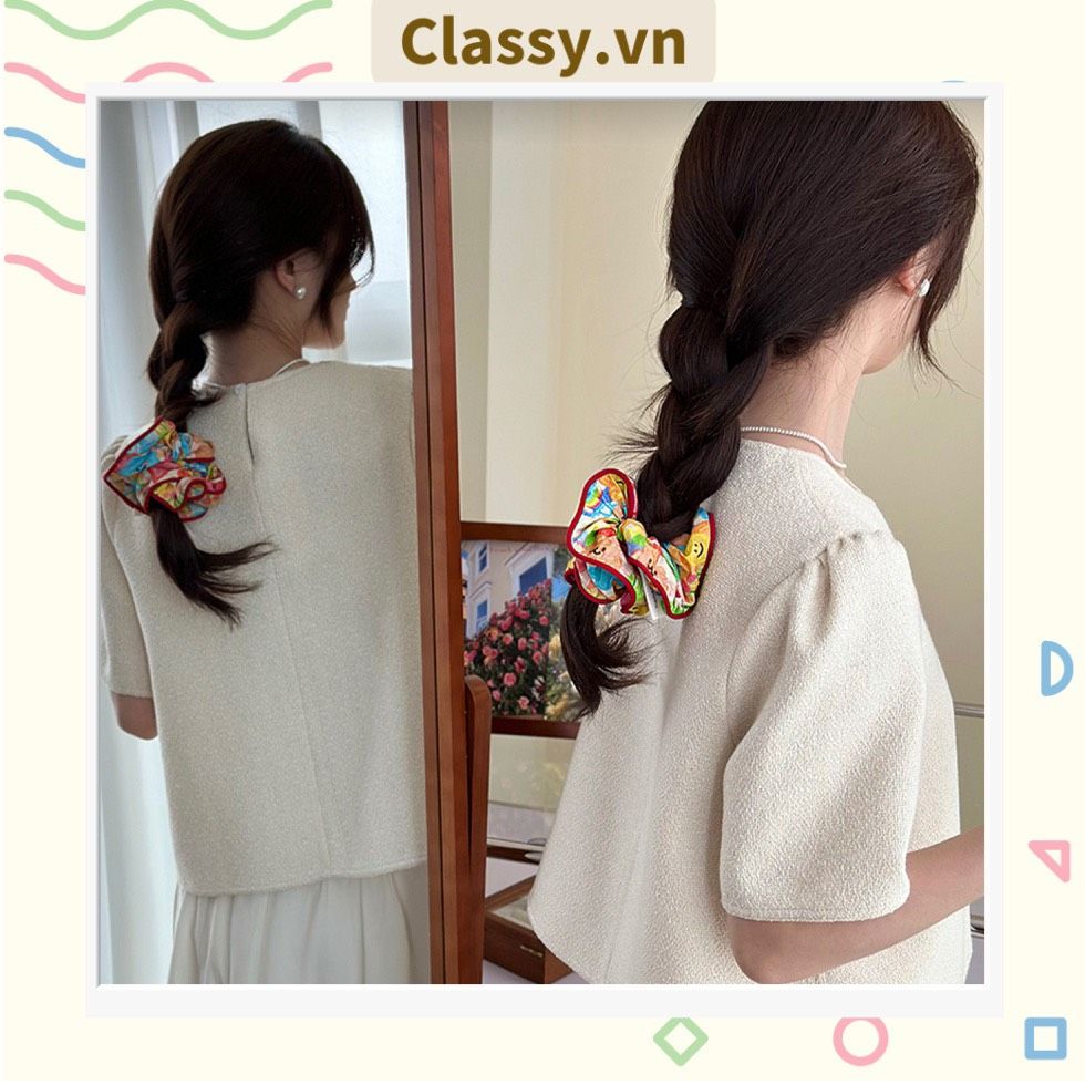  [GIAO HÀNG 7-25 NGÀY] Dây cột tóc Classy scrunchies to bản xếp li hoa viền trắng nữ tính, thanh lịch dành cho nữ PK1869 