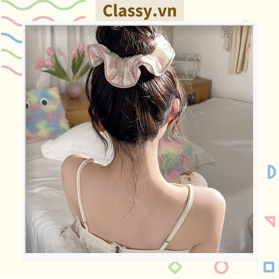  [GIAO HÀNG 7-25 NGÀY] Dây cột tóc Classy scrunchies to bản xếp li hoa viền trắng nữ tính, thanh lịch dành cho nữ PK1869 