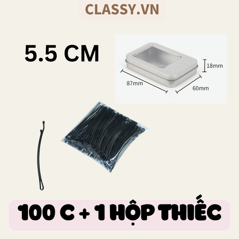  PK956 Hộp 100 chiếc kẹp tăm phụ kiện tóc 5.5 CM vòng cung Kẹp kim loại đen cổ điển dày dặn dài 6CM 