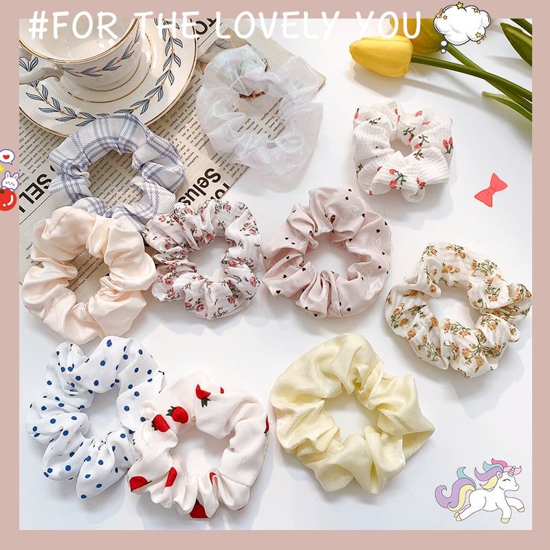  [GIAO HÀNG 7-25 NGÀY]  MIX NHIỀU MẪU Classy Dây cột tóc scrunchies bằng vải kẻ sọc, họa tiết hoạt hình thỏ hàn quốc dành cho nữ 