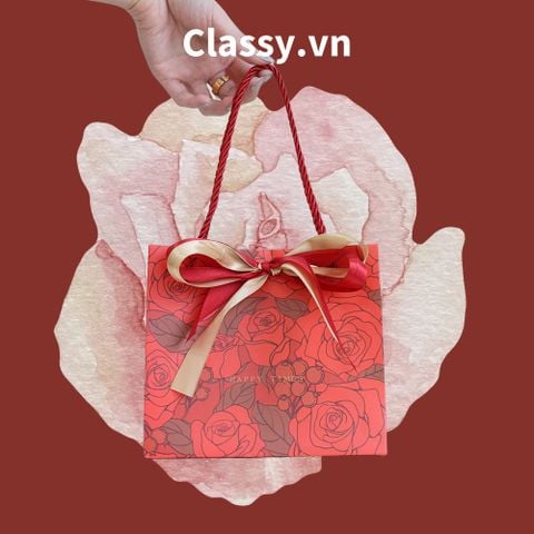  Q903 TÚI (KHÔNG HỘP) giấy 14*12*6cm quai dù, kèm ruy băng đựng đồ quà tặng họa tiết cổ điển (Sản phẩm chỉ gồm TÚI) 