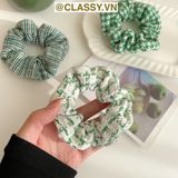  Scrunchies cột tóc, buộc tóc vải tuýt to bản, sang trọng,  họa tiết kẻ sọc tông xanh quý phái thanh lịch PK705 