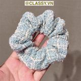  Scrunchies cột tóc, buộc tóc vải tuýt to bản, sang trọng,  họa tiết kẻ sọc tông xanh quý phái thanh lịch PK705 