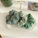  Scrunchies cột tóc, buộc tóc vải tuýt to bản, sang trọng,  họa tiết kẻ sọc tông xanh quý phái thanh lịch PK705 