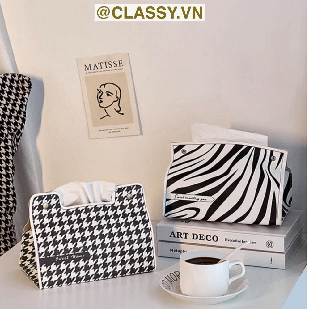  [GIAO HÀNG 7-25 NGÀY] Classy Hộp đựng khăn giấy màu trắng đen, họa tiết sang trọng PK1383 