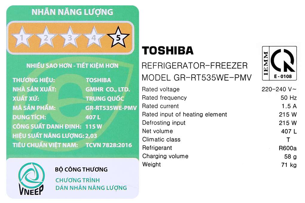 Tủ lạnh Toshiba Inverter 407 lít GR-RT535WE-PMV(06)-MG ( RT535WE)