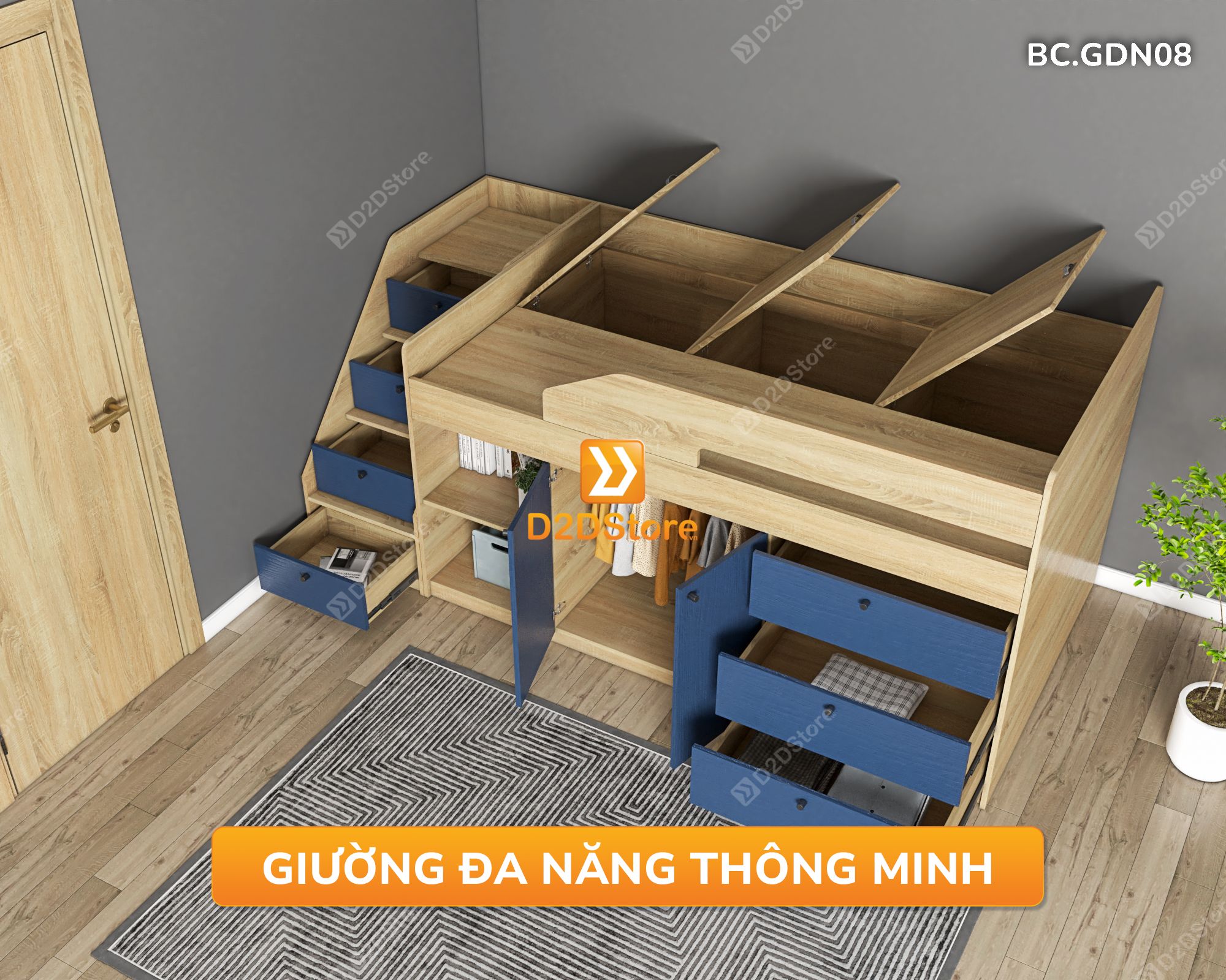  Giường kết hợp tủ áo và nhiều ngăn kéo đa năng thông minh mã BC.GDN08 
