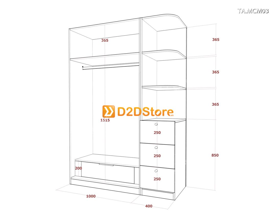  Tủ quần áo gỗ phủ melamine cánh mở TA.MCM03 