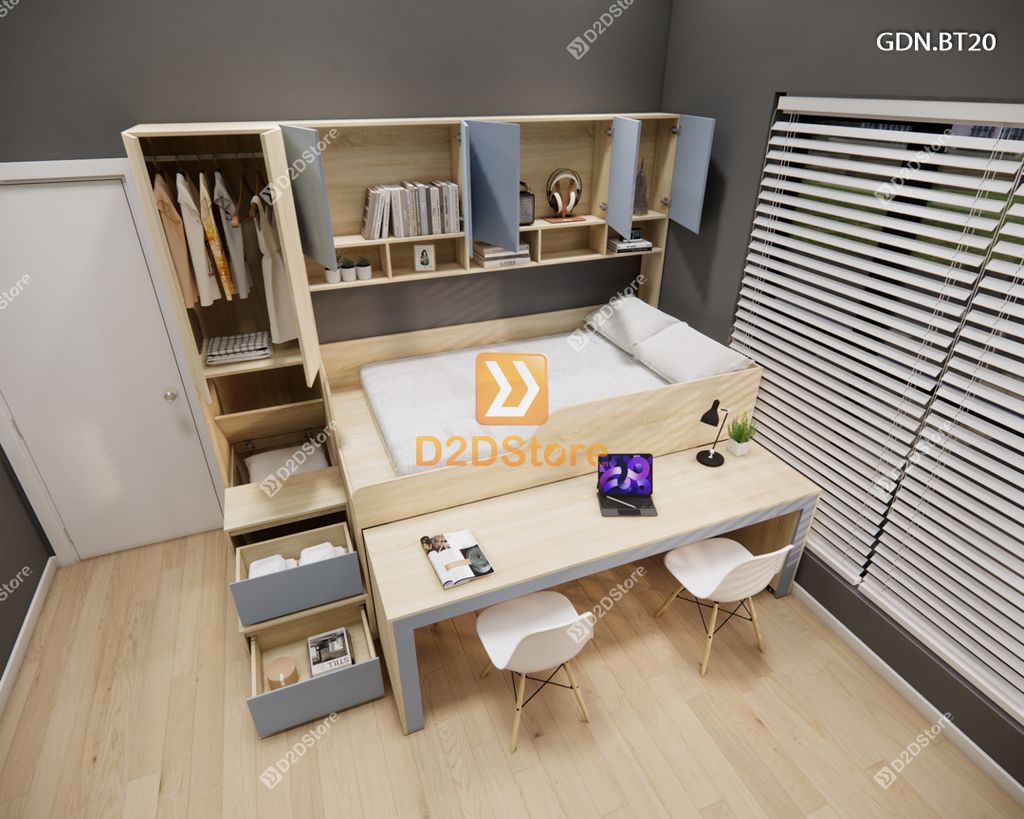 Giường ngủ kết hợp bàn học tủ áo GDN.BT20