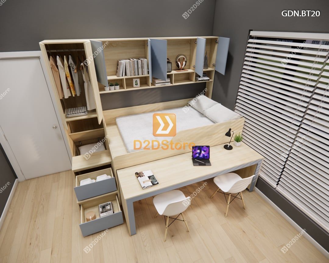  Giường ngủ kết hợp bàn học tủ áo GDN.BT20 