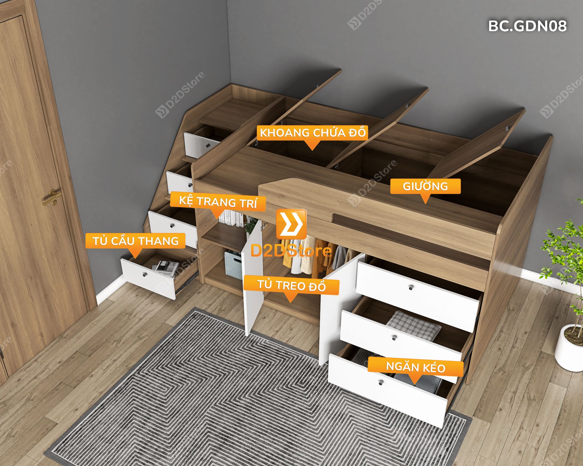  Giường kết hợp tủ áo và nhiều ngăn kéo đa năng thông minh mã BC.GDN08 