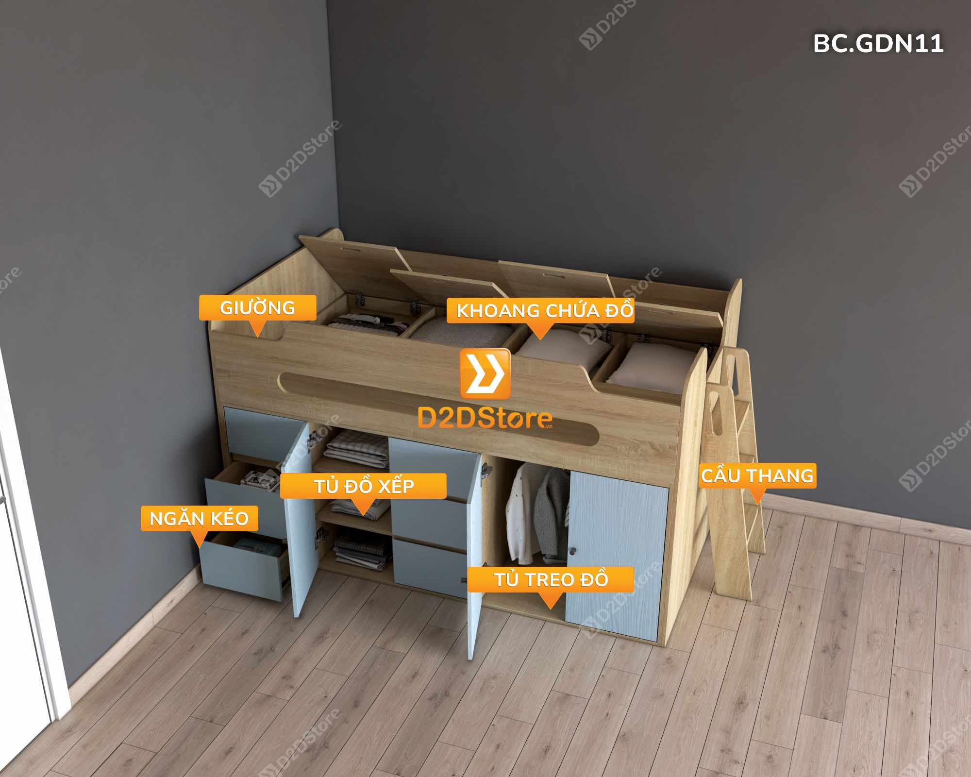 Giường kết hợp tủ áo và nhiều ngăn kéo đa năng thông minh mã BC.GDN11 