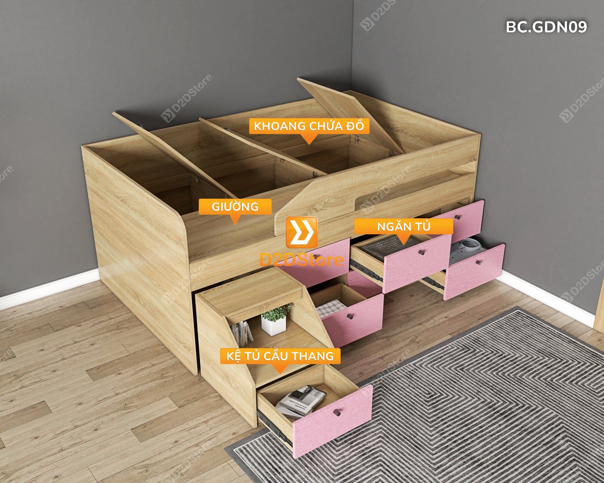  Giường đa năng nhiều ngăn hộc kéo mã BC.GDN09 