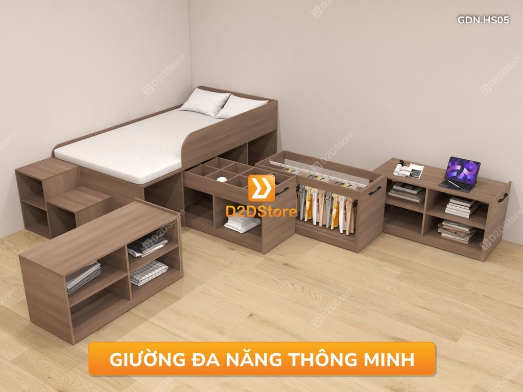 Giường đa năng thông minh kết hợp tủ kéo và bàn, cao 600mm, mã GDN.HS05