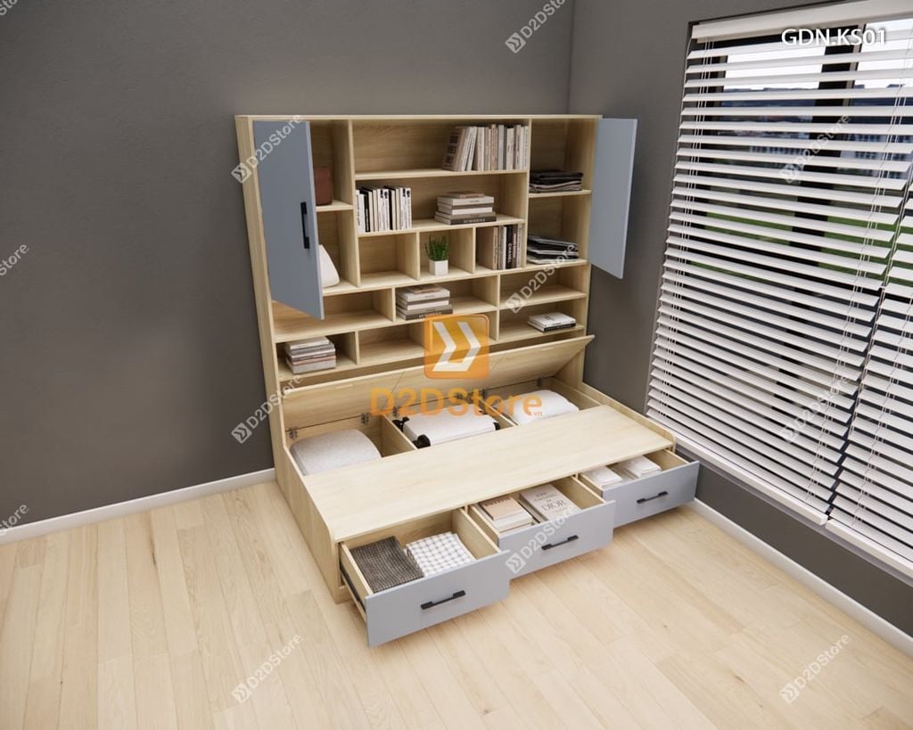 Giường ngủ kết hợp tủ kệ sách GDN.KS01