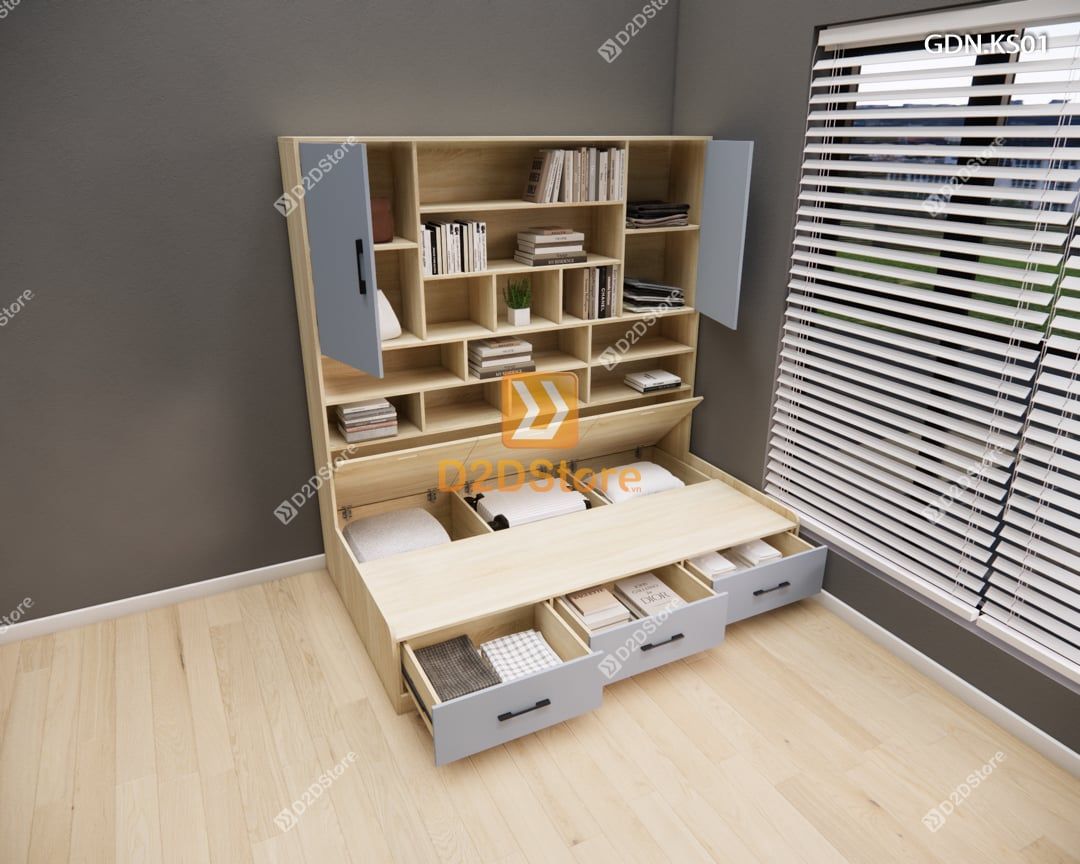 Giường ngủ kết hợp tủ kệ sách GDN.KS01