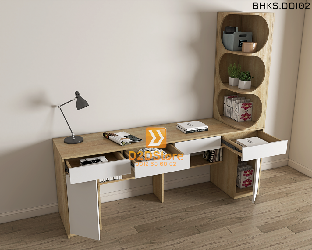 Bàn học đôi cho bé có kệ sách BHKS.DOI02