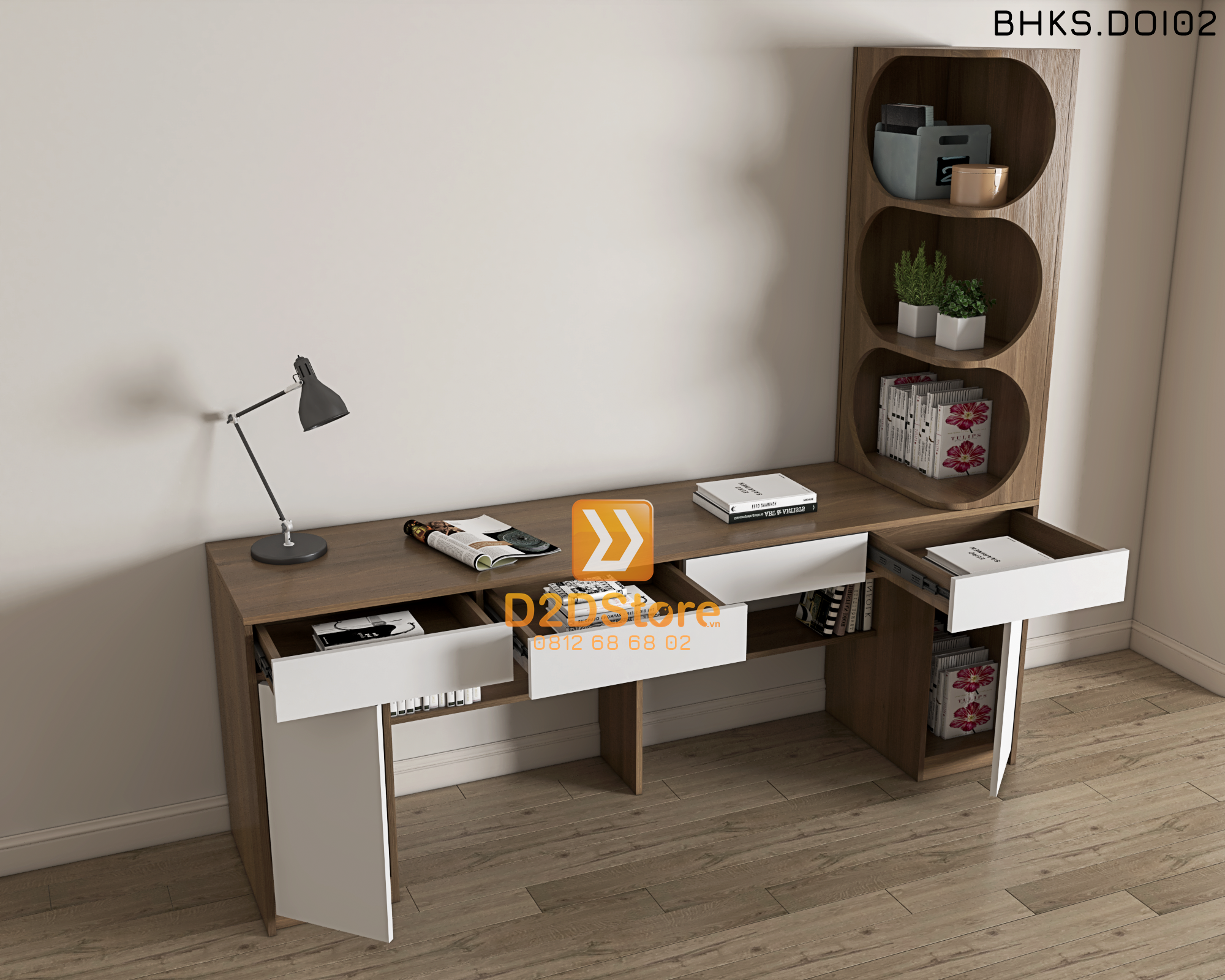  Bàn học đôi cho bé có kệ sách BHKS.DOI02 