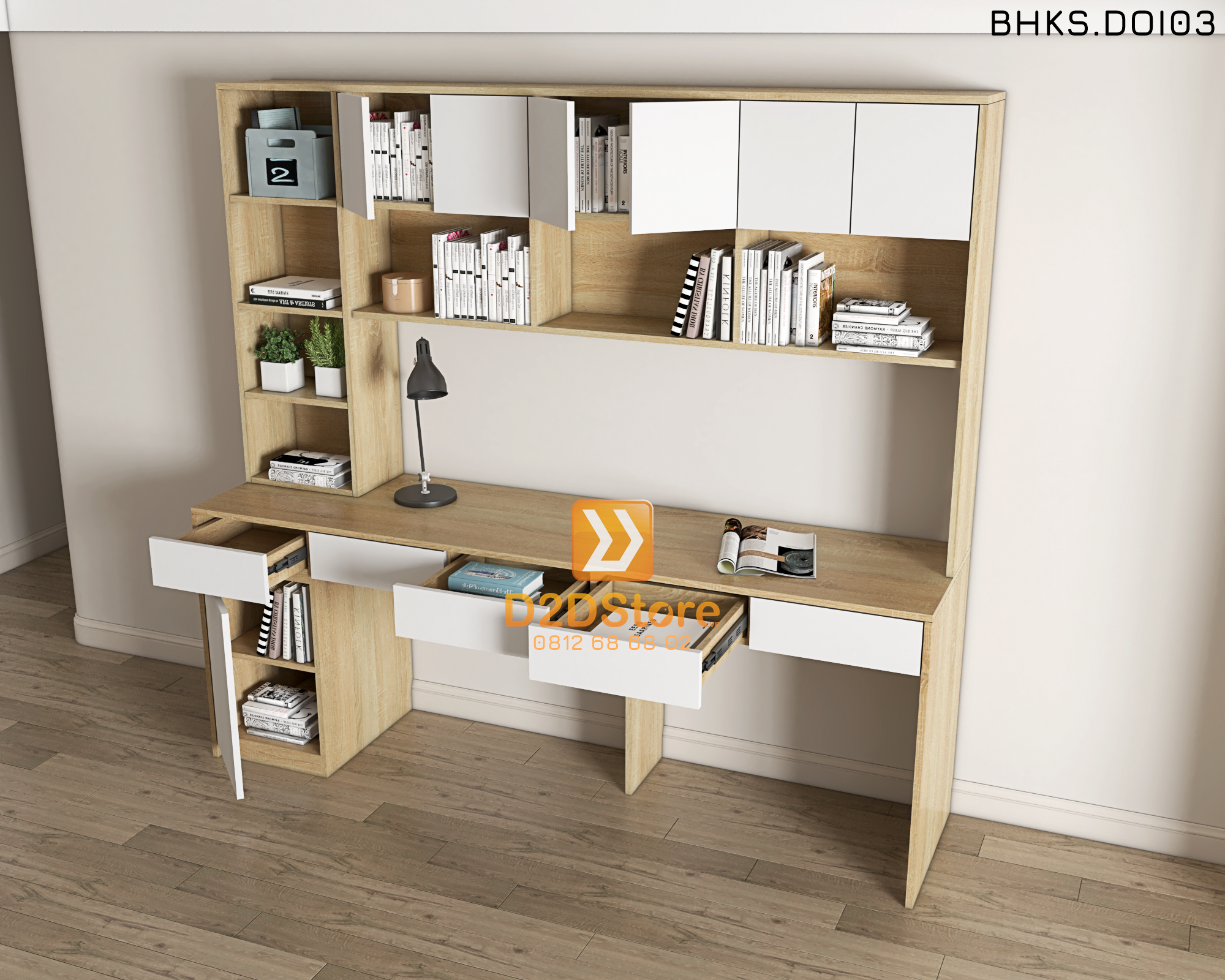  Bàn học đôi cho bé có kệ sách BHKS.DOI03 