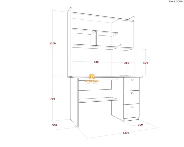 Bàn học đơn cho bé có kệ sách BHKS.DON01