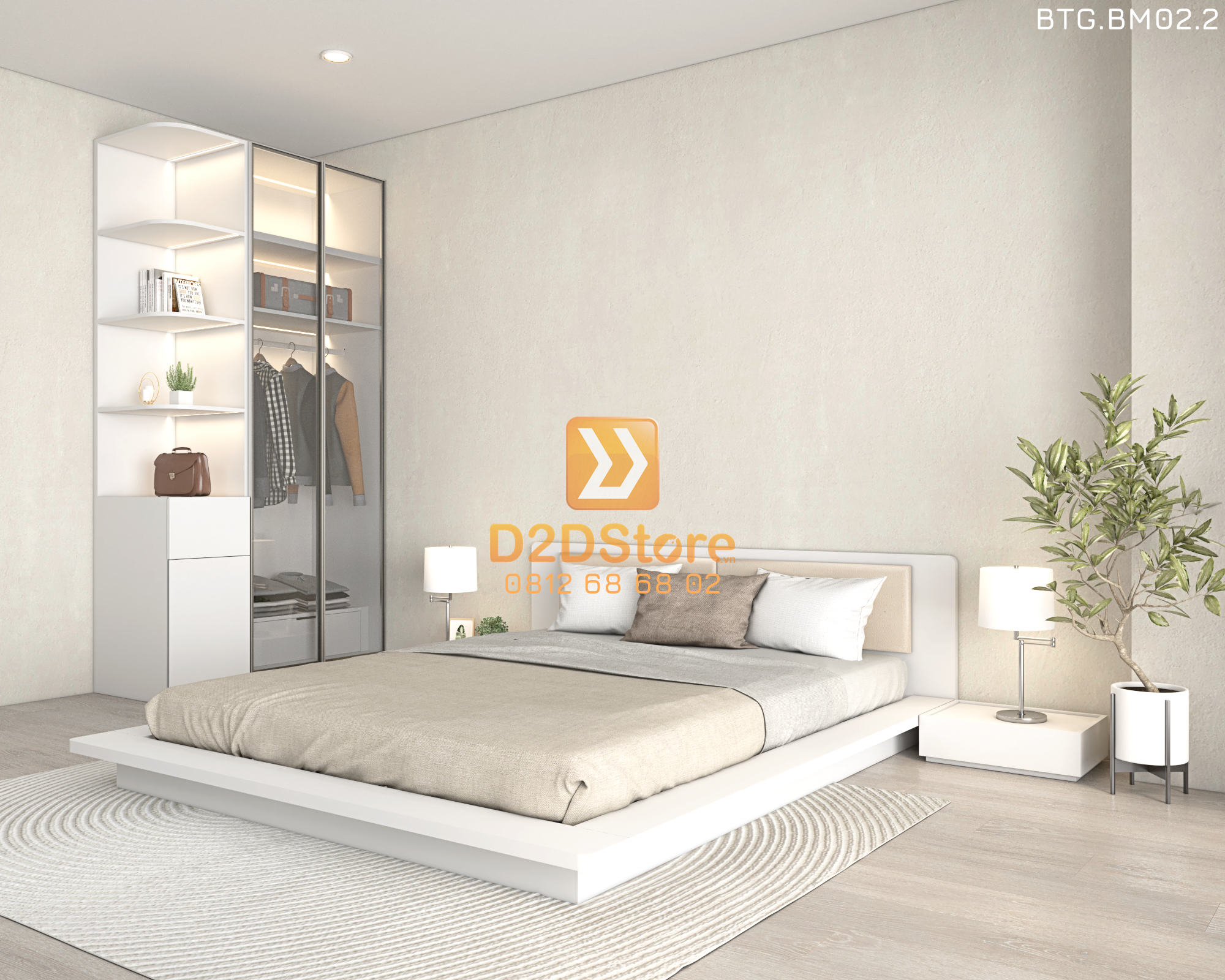  Bộ tủ giường đồng màu kích thước tủ 1200x2400 cánh kính kết hợp giường kiểu nhật mã BTG.BM02.2 