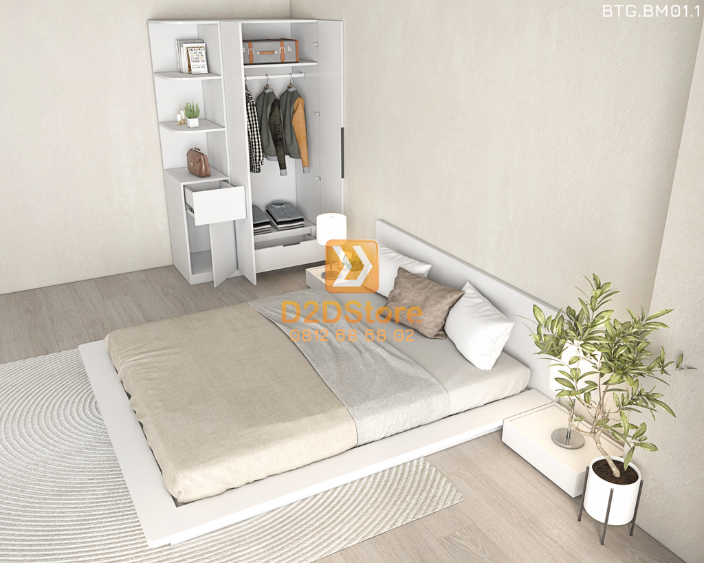 Bộ tủ giường đồng màu kích thước tủ 1200x2000 kết hợp giường kiểu nhật mã BTG.BM01.1