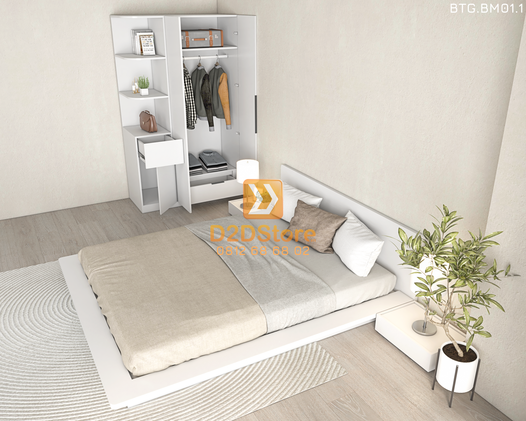  Bộ tủ giường đồng màu kích thước tủ 1200x2000 kết hợp giường kiểu nhật mã BTG.BM01.1 