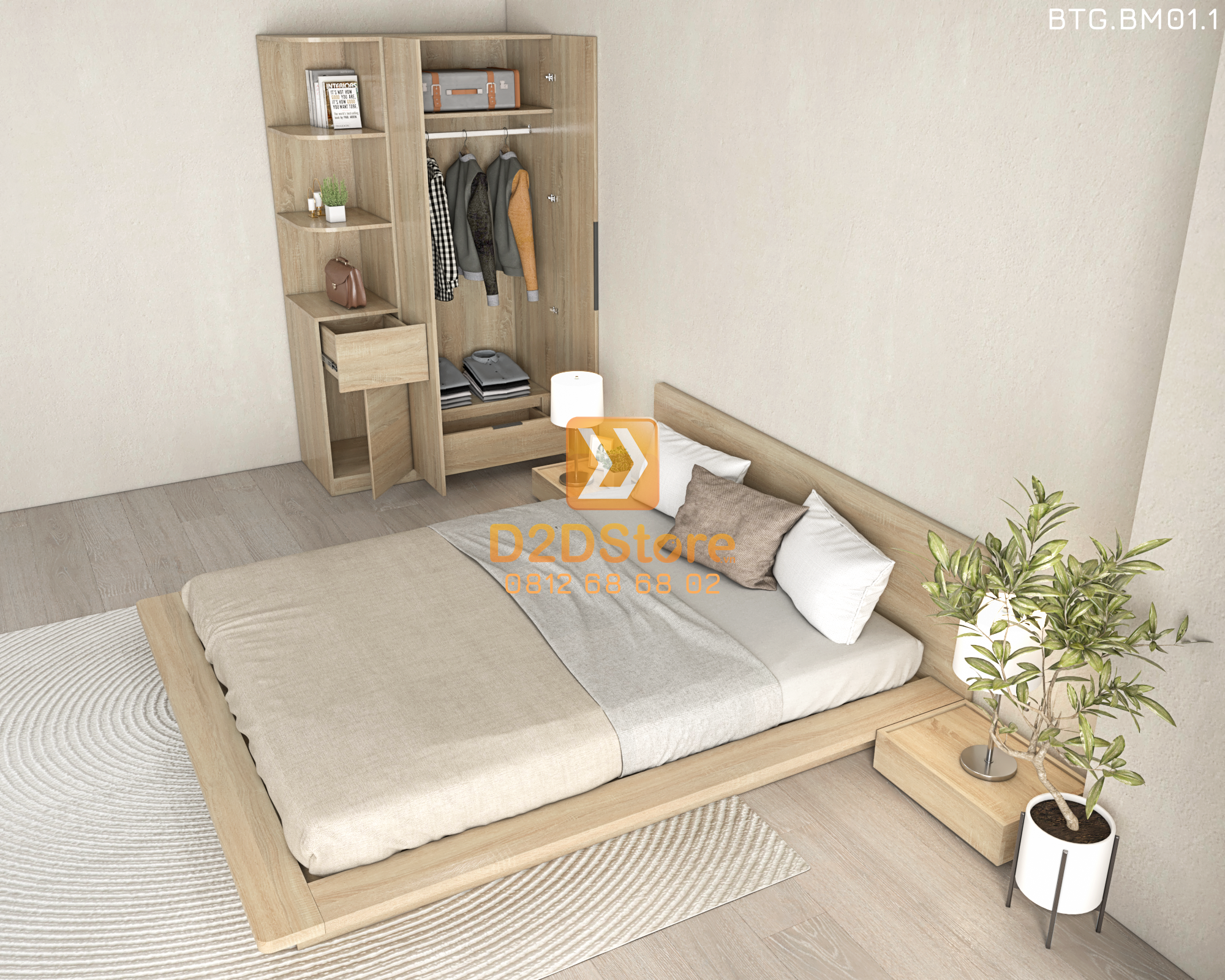  Bộ tủ giường đồng màu kích thước tủ 1200x2000 kết hợp giường kiểu nhật mã BTG.BM01.1 