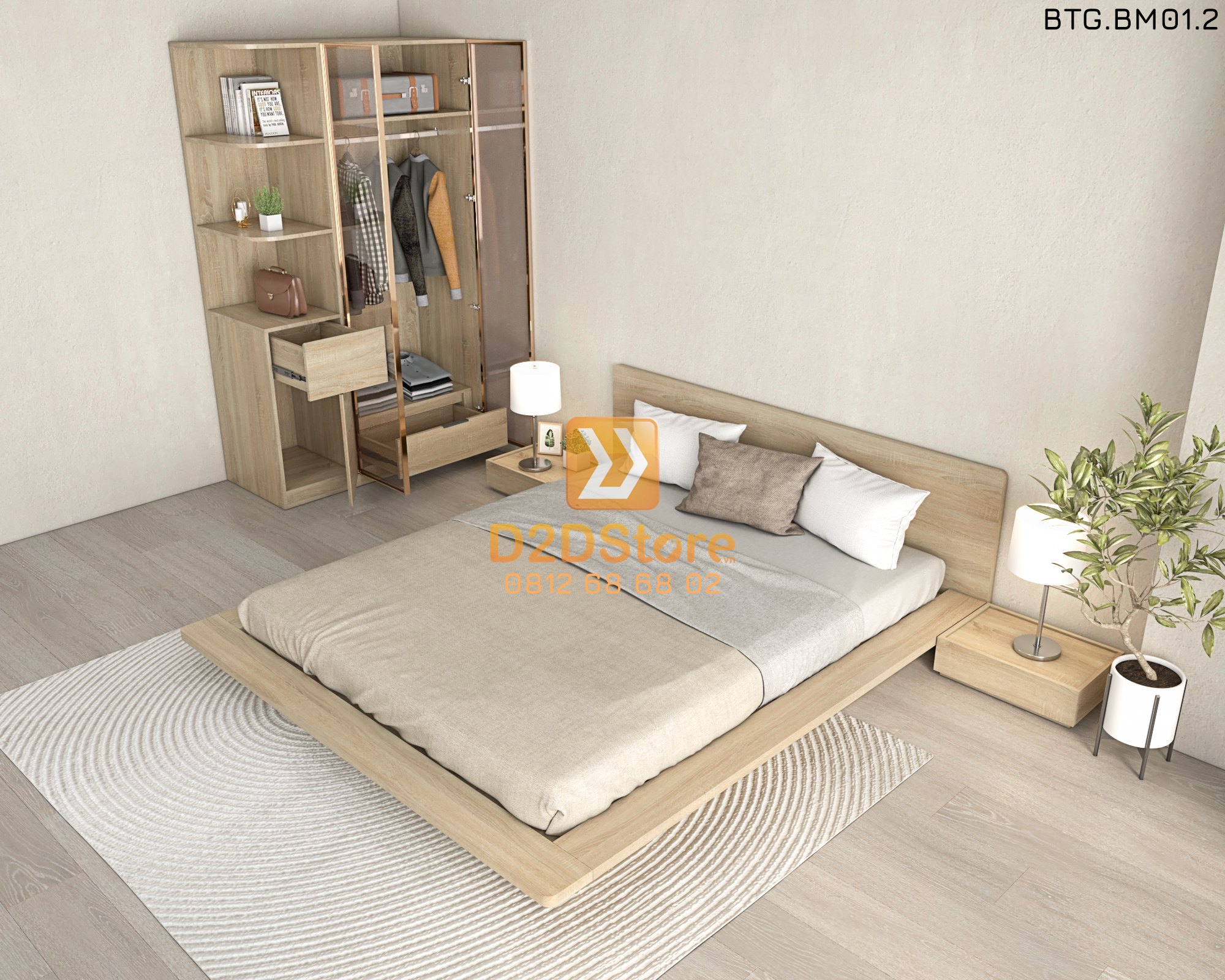  Bộ tủ giường đồng màu kích thước tủ 1200x2000 cánh kính kết hợp giường kiểu nhật mã BTG.BM01.2 
