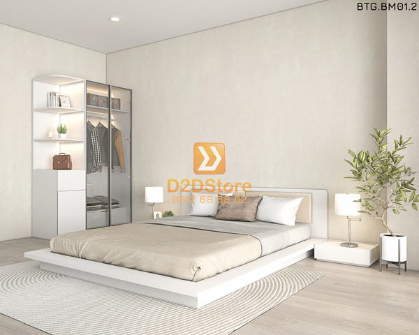 Bộ tủ giường đồng màu kích thước tủ 1200x2000 cánh kính kết hợp giường kiểu nhật mã BTG.BM01.2