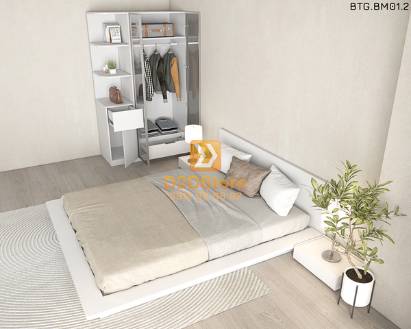 Bộ tủ giường đồng màu kích thước tủ 1200x2000 cánh kính kết hợp giường kiểu nhật mã BTG.BM01.2