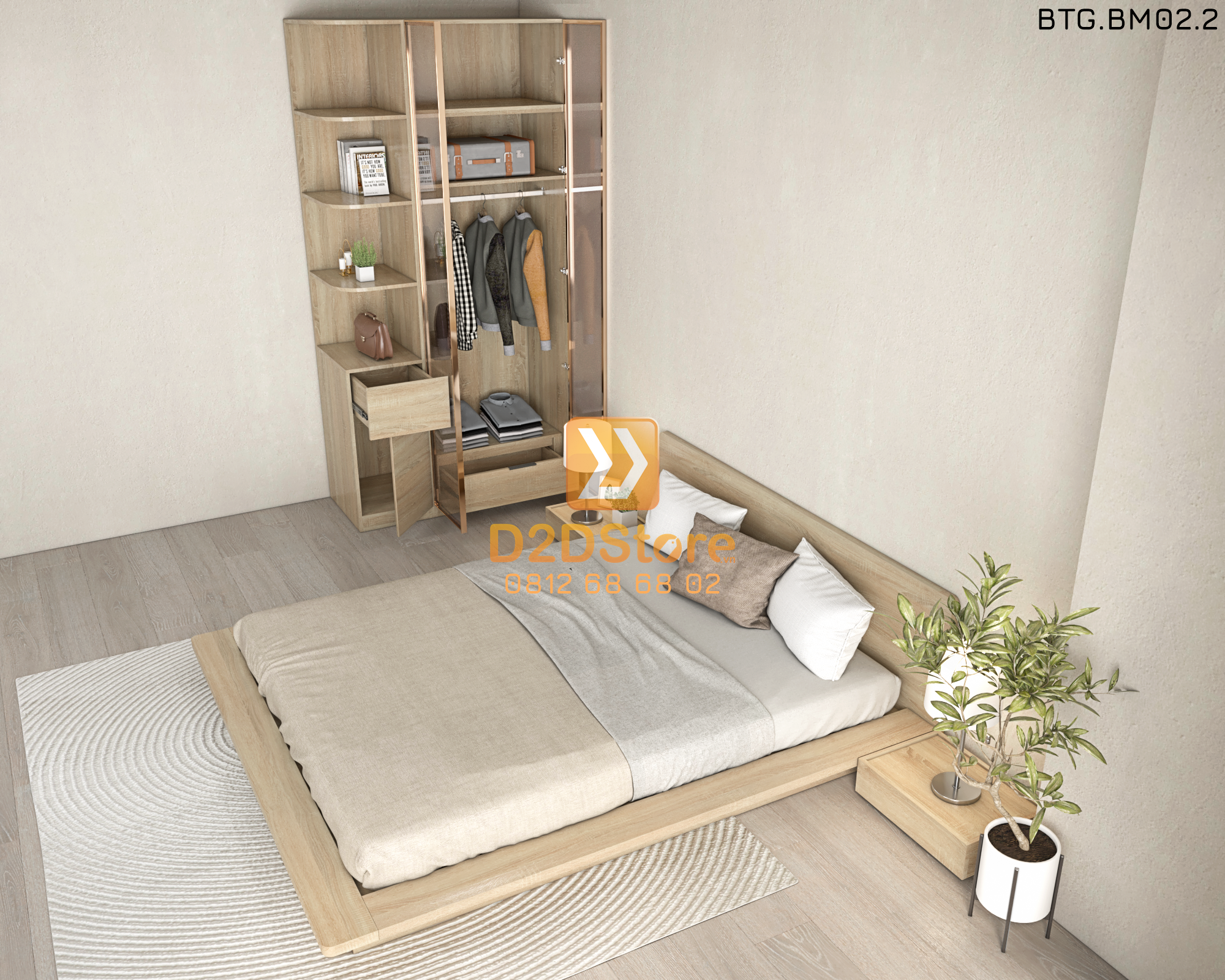  Bộ tủ giường đồng màu kích thước tủ 1200x2400 cánh kính kết hợp giường kiểu nhật mã BTG.BM02.2 