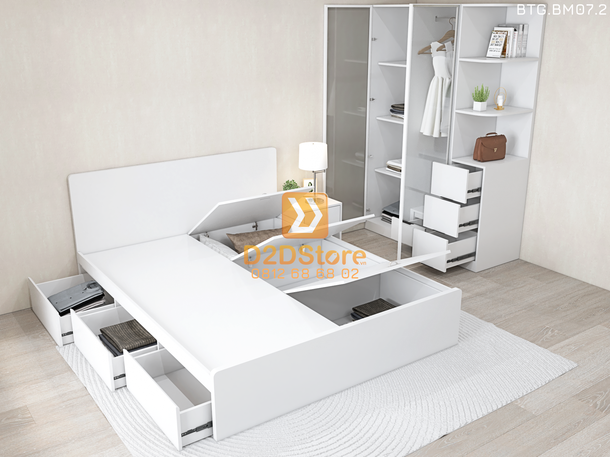  Bộ tủ giường đồng màu kích thước tủ 1200x2000 cánh kính kết hợp giường 3 hộc kéo mã BTG.BM07.2 