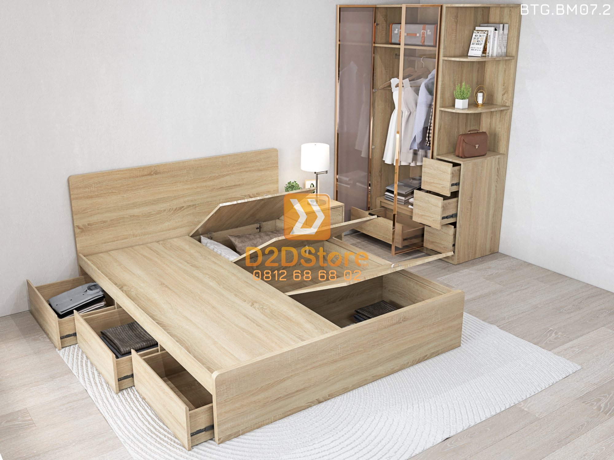  Bộ tủ giường đồng màu kích thước tủ 1200x2000 cánh kính kết hợp giường 3 hộc kéo mã BTG.BM07.2 