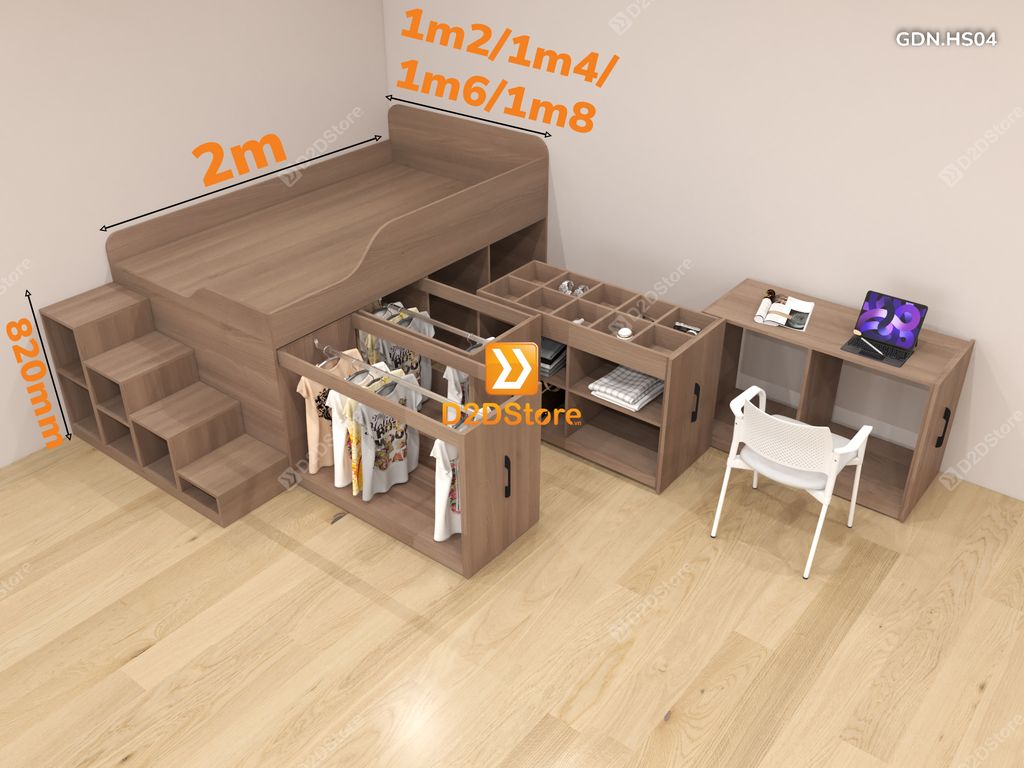 Giường đa năng thông minh kết hợp tủ kéo và bàn, cao 820mm, mã GDN.HS04