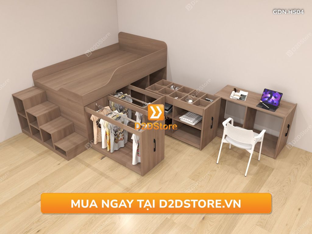 Giường đa năng thông minh kết hợp tủ kéo và bàn, cao 820mm, mã GDN.HS04