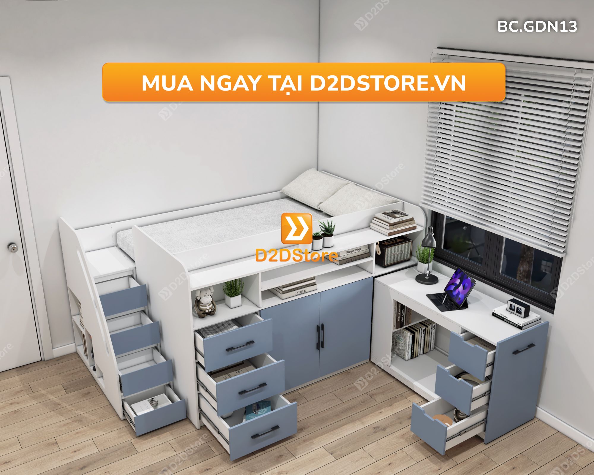  Giường kết hợp tủ áo và các ngăn hộc tủ lưu trữ đa năng mã BC.GDN13 