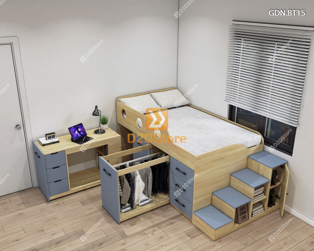 Giường ngủ kết hợp bàn học tủ áo GDN.BT15