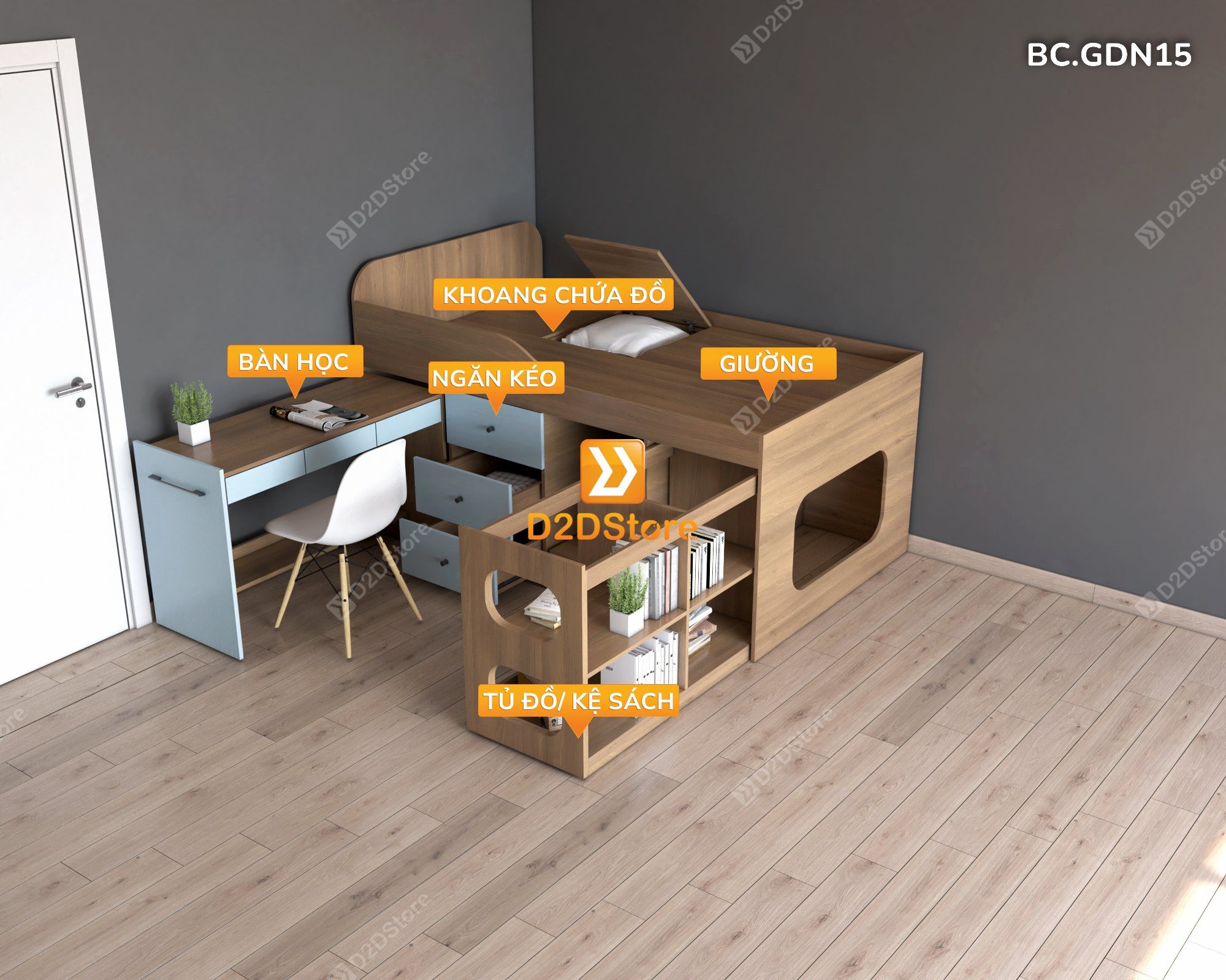  Giường đa năng kết hợp bàn học và tủ kéo mã BC.GDN15 