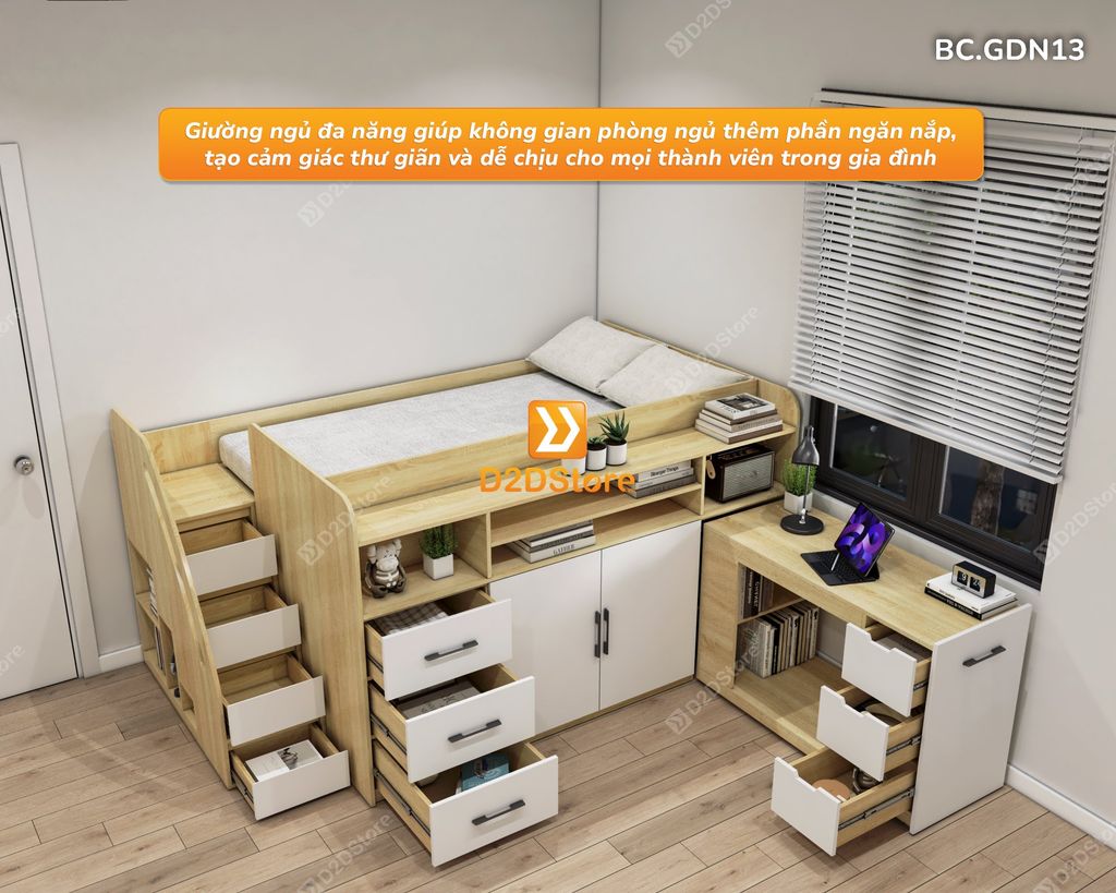 Giường kết hợp tủ áo và các ngăn hộc tủ lưu trữ đa năng mã BC.GDN13
