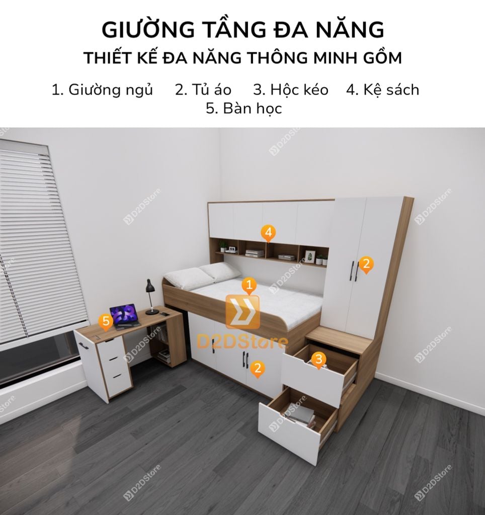 Giường ngủ kết hợp bàn học tủ áo GDN.BT03