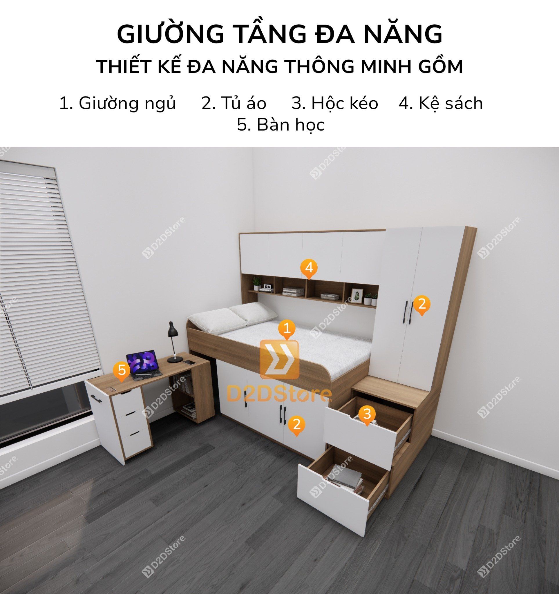  Giường ngủ kết hợp bàn học tủ áo GDN.BT03 