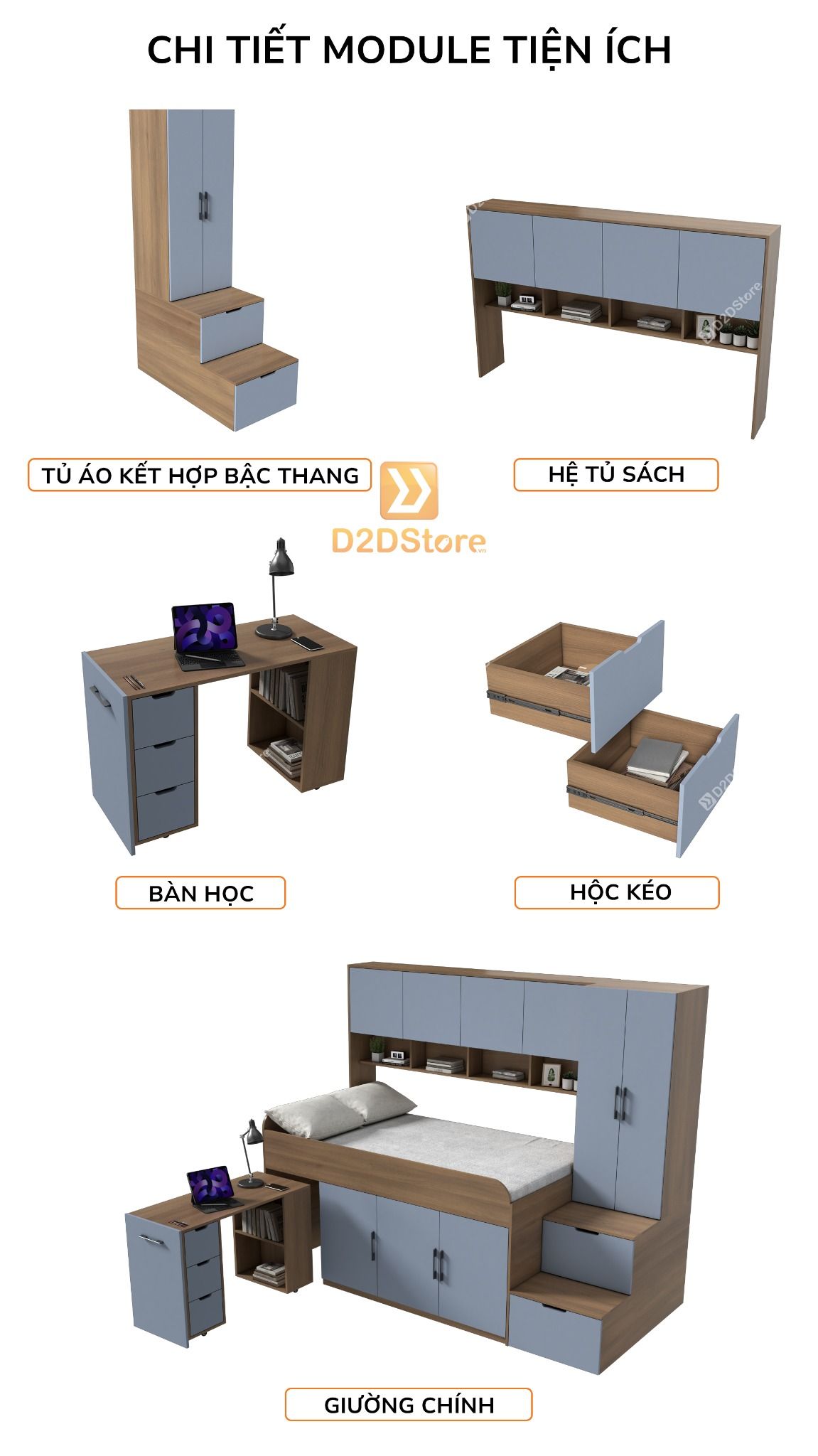  Giường ngủ kết hợp bàn học tủ áo GDN.BT03 