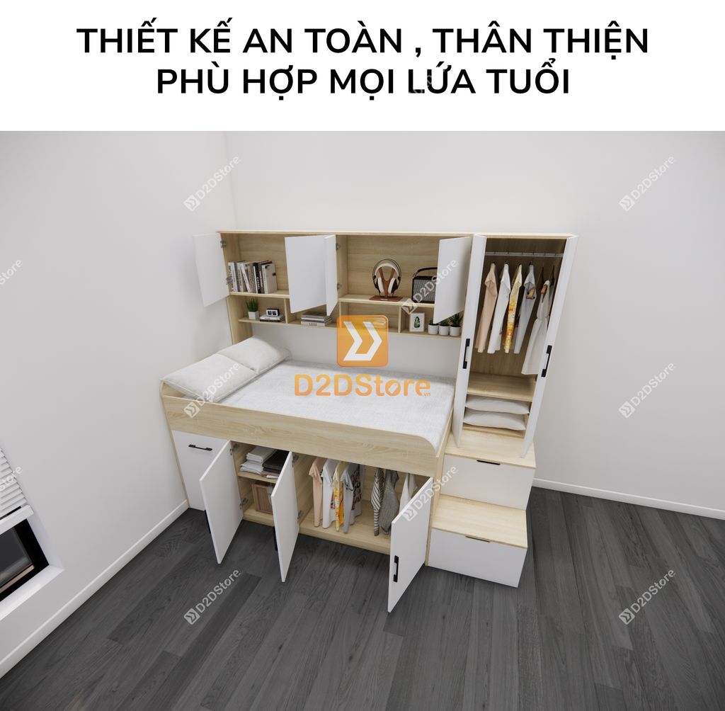 Giường ngủ kết hợp bàn học tủ áo GDN.BT03