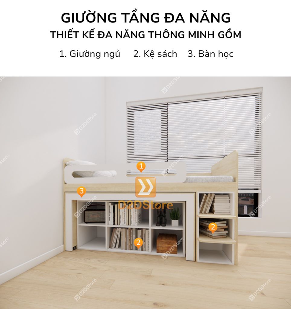 Giường ngủ kết hợp bàn học tủ áo GDN.BT04