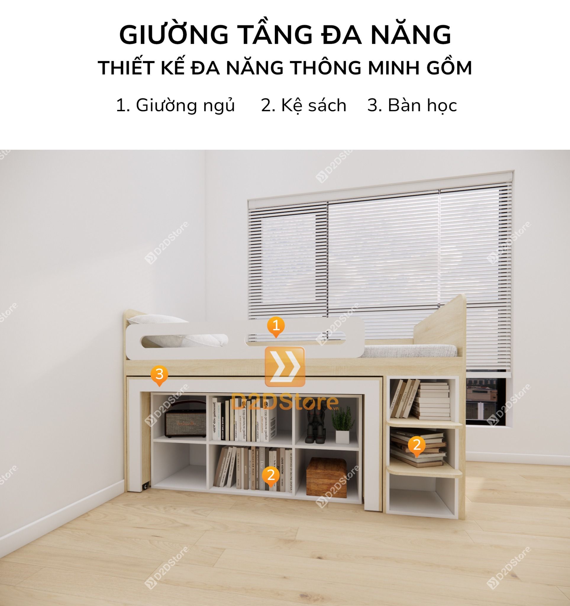  Giường ngủ kết hợp bàn học tủ áo GDN.BT04 