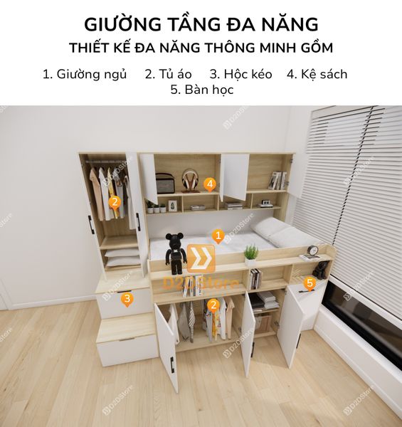 Giường ngủ kết hợp bàn học tủ áo GDN.BT05